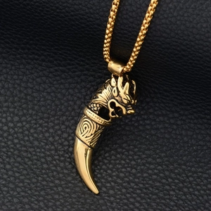 Hip-hop gold wolf tooth pendant with dragon head and bead chain for men and women