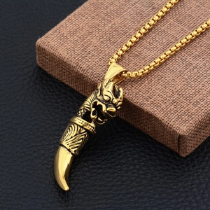 Vintage Dragon Head Wolf Tooth Pendant Necklace Stainless Steel Hip Hop Punk Gold Jewelry For Men Women Daily Accessory