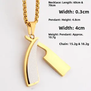 Detail view of golden stainless steel razor blade pendant with square link chain dimensions