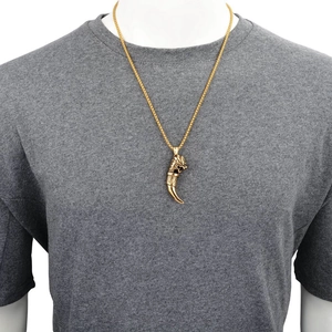 Close-up of golden dragon tooth pendant with box chain on male model neck