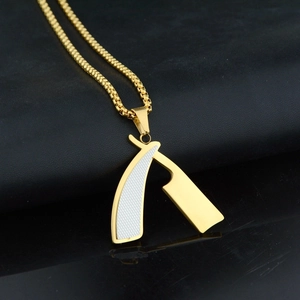 Industrial style folding razor pendant necklace in gold and white stainless steel
