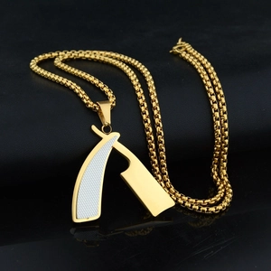 Men's titanium steel razor blade pendant necklace with gold box chain and silver accents