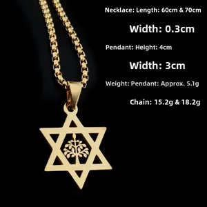 Macro shot of gold stainless steel hexagram pendant with tree of life detail and box chain