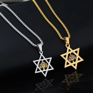 Titanium Steel Hexagram Star Of David Necklace Tree Of Life Pendant Gold Silver Box Chain Streetwear Unisex Jewelry