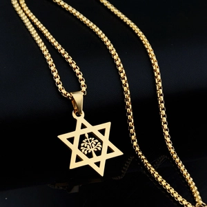 Golden Tree of Life and Star of David pendant necklace with box chain for men and women