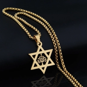 Gold stainless steel hexagram necklace with tree of life pendant on black leather
