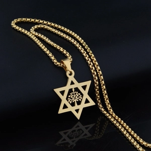 Golden Hexagram Tree of Life pendant necklace with a durable box chain on a dark surface