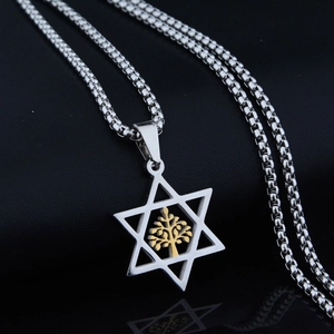 Stainless steel necklace featuring Star of David pendant and golden Tree of Life symbol