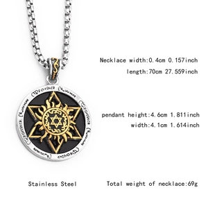 Detail of Hexagram Sun Crest pendant with size dimensions and stainless steel box chain