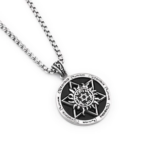 Macro shot of retro silver hexagram star pendant with black enamel inlay and chain