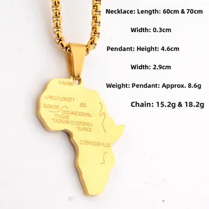 Macro detail of gold Africa map pendant with size specs and box chain necklace