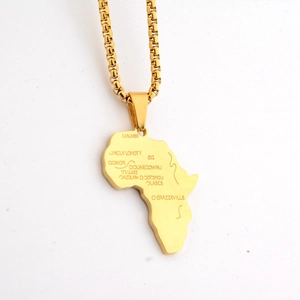 Detailed view of the gold-plated Africa map pendant with engraved names on a box chain