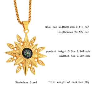 Detailed technical specifications of the golden sun compass pendant in stainless steel