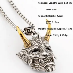 Détails des dimensions du pendentif masque Prajna avec options de chaîne 60cm ou 70cm