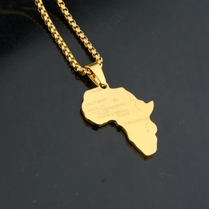 Golden Africa map pendant necklace with square box chain in polished stainless steel