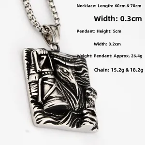 Detailed macro view of punk plague doctor relief on stainless steel pendant necklace