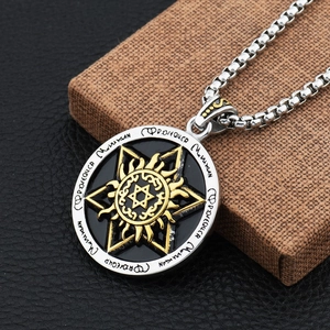 Vintage hexagram sun pendant necklace with runic engraving on a silver box chain