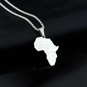 Detailed view of silver Africa map pendant with engraved names on box chain