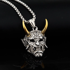 Collier avec pendentif masque Prajna en argent et or avec une chaîne maille vénitienne