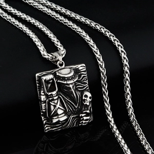 Gothic Plague Doctor crow mask pendant on a thick wheat chain in vintage silver steel