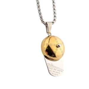 Hip hop baseball cap pendant necklace with bicolor metal and Keep Me Warm engraving