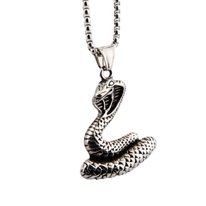 Hip hop cobra snake pendant necklace in vintage silver steel with scales on a white background