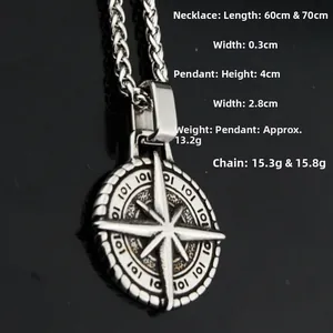 Detail shot of vintage compass star pendant with dimensions on stainless steel chain