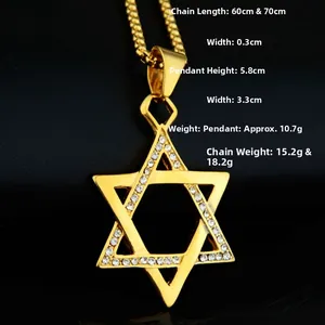 Dimensions du pendentif Hexagramme doré avec strass blancs et détails de la chaîne