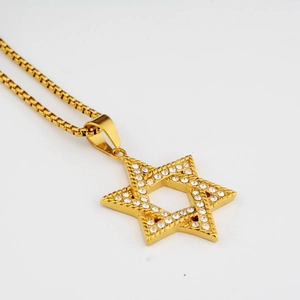 Collier pendentif hexagramme doré avec strass scintillants et chaîne box pour homme et femme