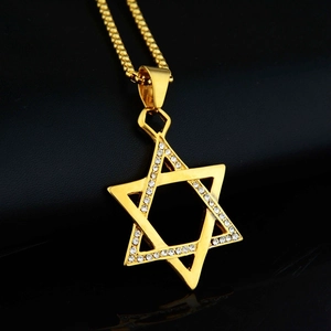 Collier Pendentif Hexagramme Étoile de David en Acier Inoxydable Or Hip Hop Unisexe Chaîne Box Strass Bijoux Cadeau