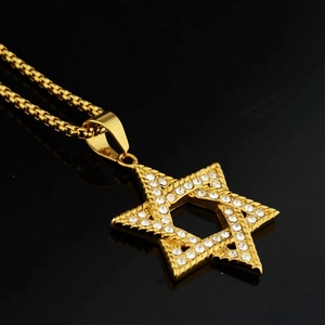 Collier Pendentif Hexagramme en Acier Inoxydable Hip Hop Plaqué Or Strass Étoile De David Collier pour Hommes Femmes Bijoux
