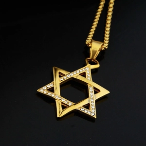 Collier pendentif étoile hexagramme hip hop avec strass étincelants fini doré