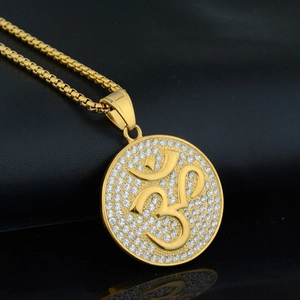 Titanium Steel Gold Plated Om Symbol Round Pendant Necklace Iced Out Rhinestone Religious Hip Hop Jewelry For Men Women