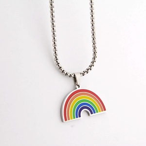 Close-up of rainbow enamel semi-circle pendant with silver stainless steel ball chain