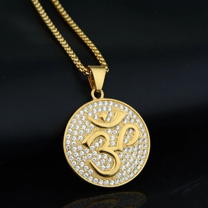 Hip hop gold plated stainless steel necklace with iced out Om symbol round pendant