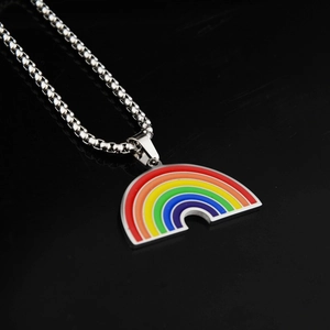Rainbow enamel pendant necklace with silver ball chain on reflective black surface