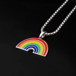 Rainbow pendant necklace in titanium steel with a minimalist colorful enamel semi-circle design