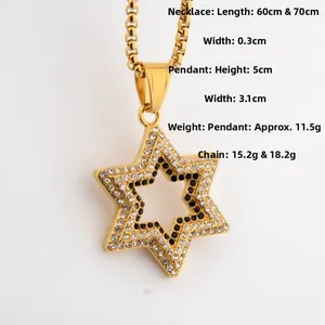 Detailed dimensions of gold hexagram pendant necklace with clear and black crystals
