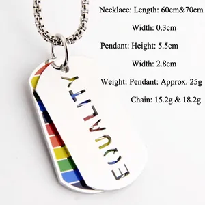 Rainbow Pride Equality necklace featuring stainless steel dog tag and colorful stripe pendant
