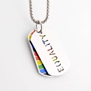 Rainbow dog tag necklace featuring hollowed Equality letter charm on stainless steel chain