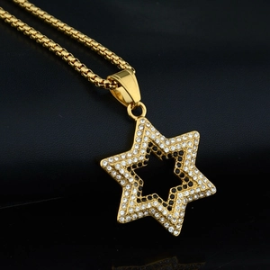 Hip Hop Stainless Steel Hexagram Pendant Necklace Two Tone Rhinestone Inlaid Star Of David Gold Jewelry For Unisex