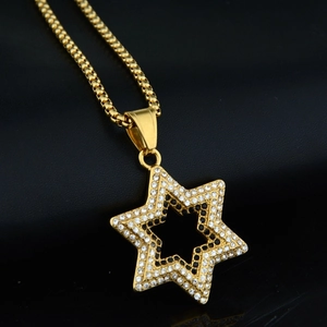 Hip hop gold plated hexagram star pendant necklace with cubic zirconia stones