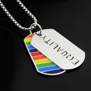 Rainbow stainless steel dog tag necklace with Equality cutout and ball chain