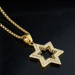 Hip hop hexagram pendant necklace with black and white rhinestones on golden box chain