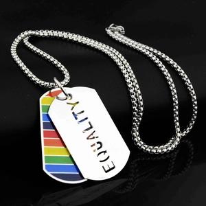 Rainbow pride military tag necklace with equality cutout on black leather background