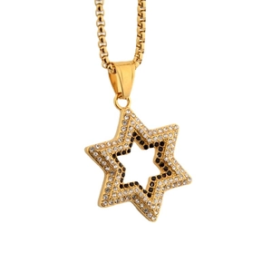 Gold stainless steel hexagram pendant necklace with black and white rhinestones