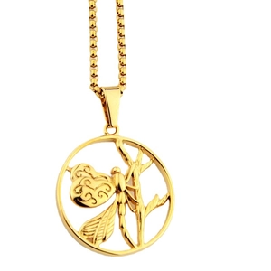 Goldene Titanstahl-Libellen-Halskette mit rundem Anhänger für Damen und Herren