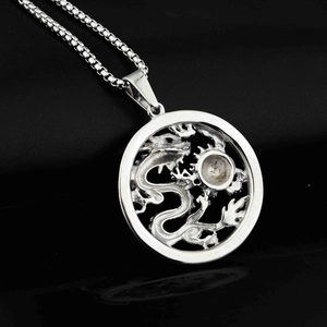 Hip Hop Silber Drachen Medaillon Anhänger mit Kristallperle an Edelstahl Boxkette