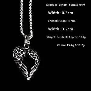 Détail du pendentif cœur ailé argenté avec cristaux noirs et spécifications de dimensions