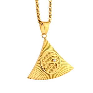 Collana con ciondolo a triangolo Occhio di Horus in acciaio dorato con cristallo